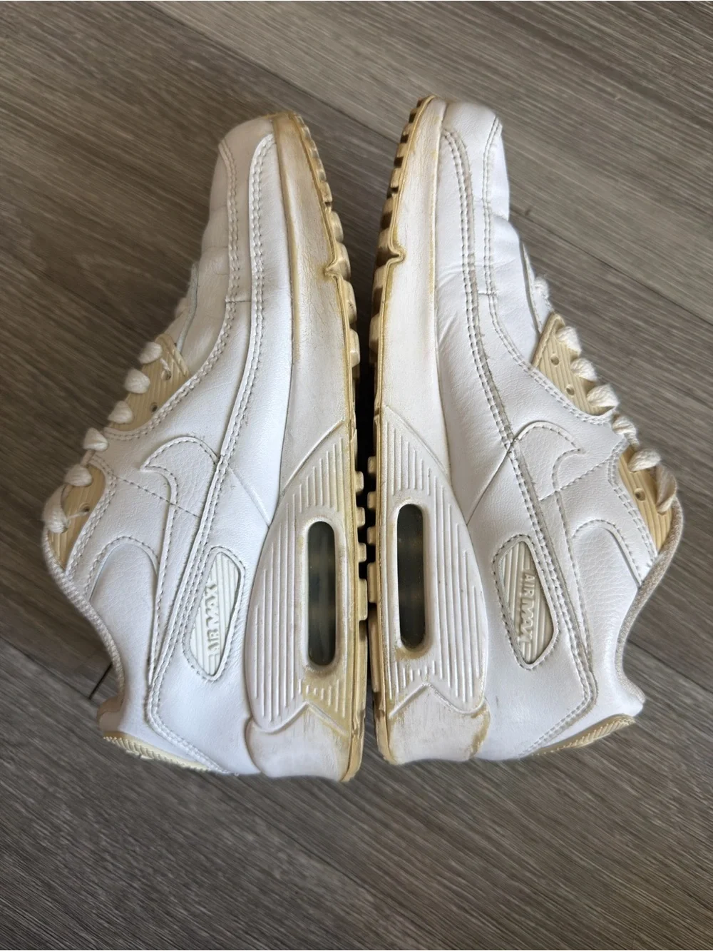 Nike Air Max 90 White/Beige Leather Sneakers  Size 6.5 W/ 5 Y